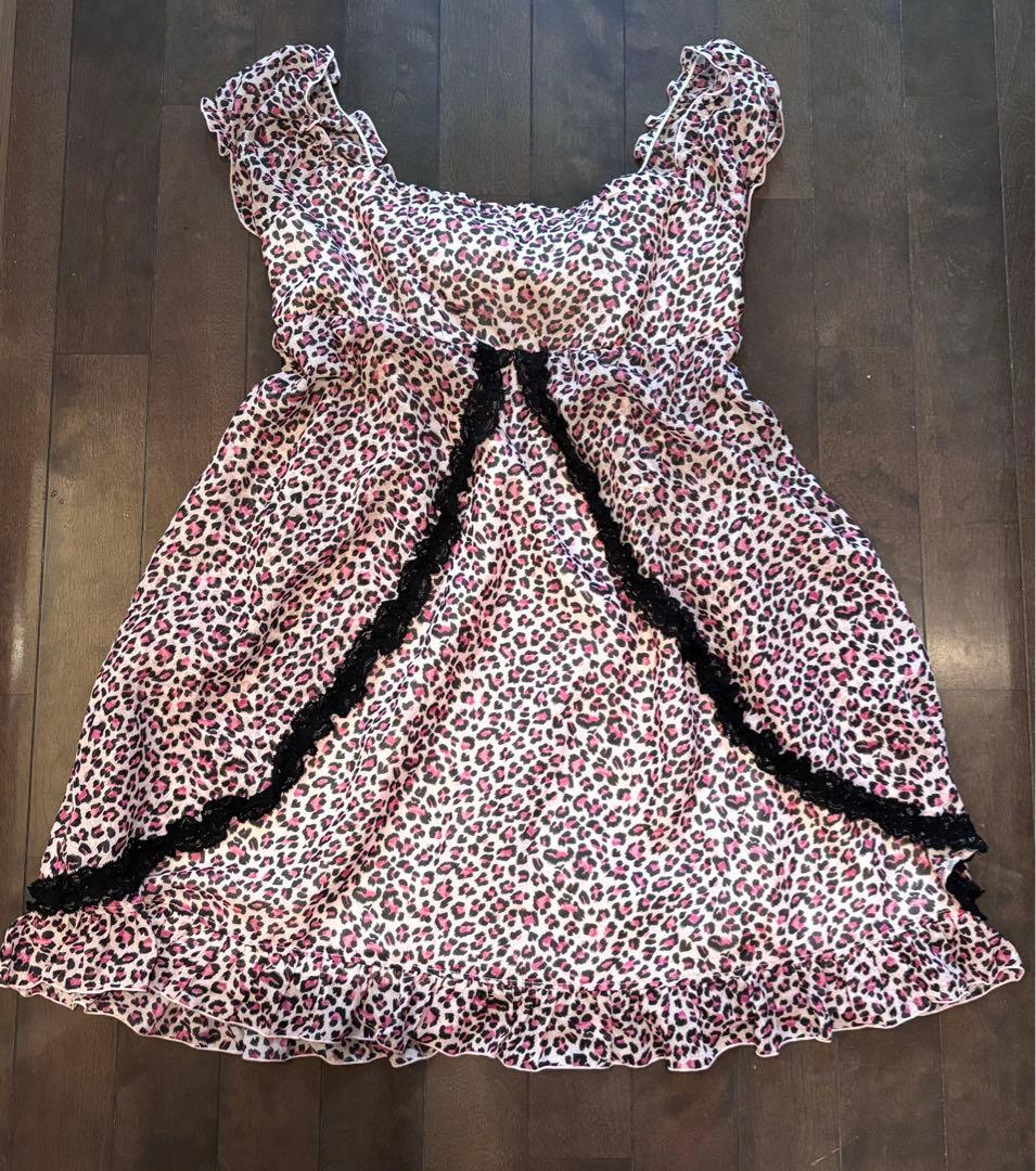 Tralala ピンクリボン キャミソール スリップワンピースドレス レオパード