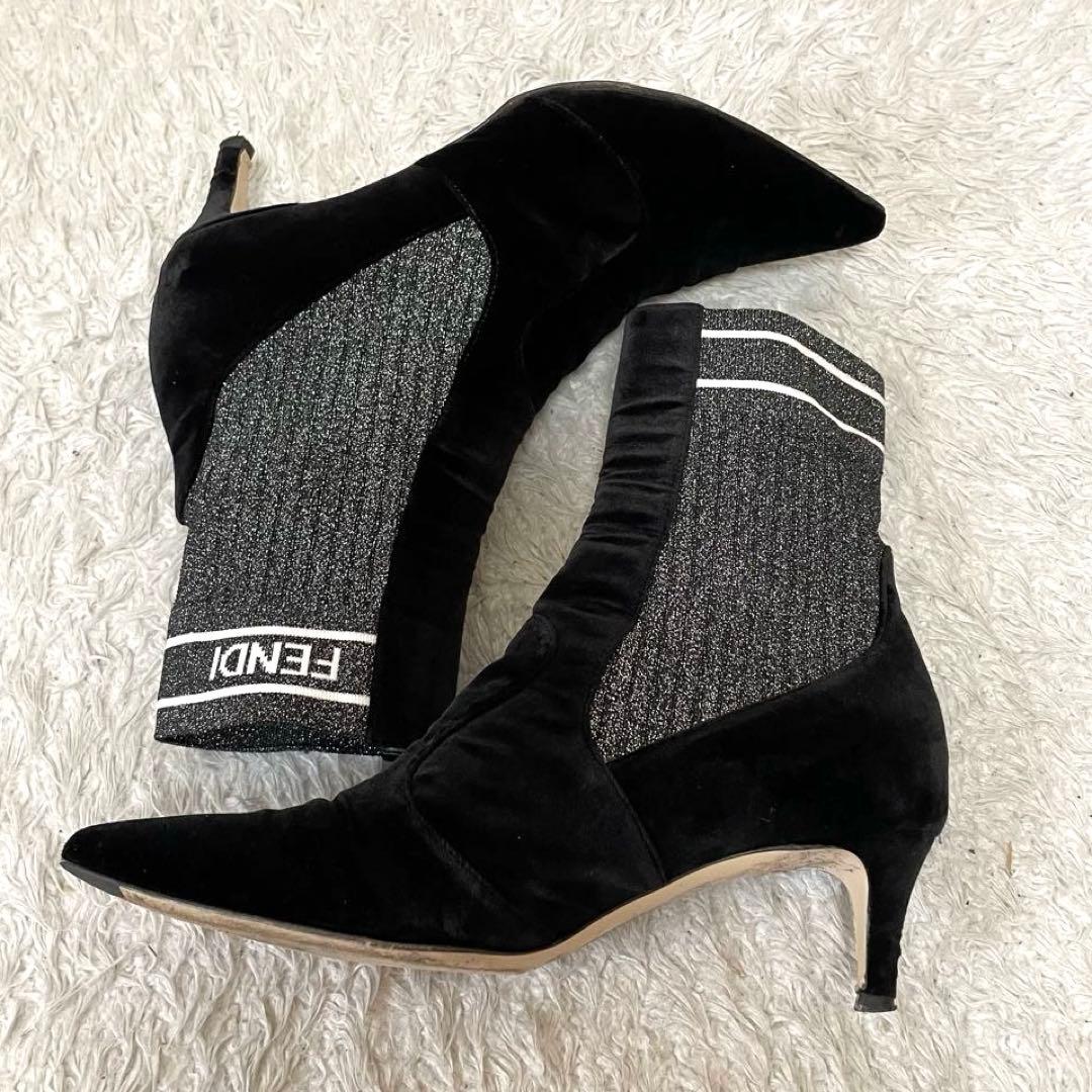 良品 FENDI　ロゴ入りソックスブーツ 37サイズ　24cm相当　スエード 黒