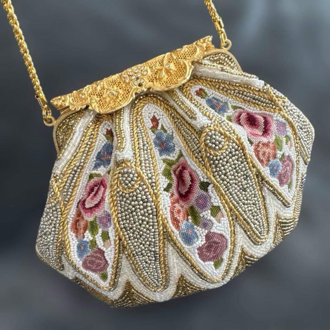 d*2様 【美品】HAKUBOTAN 銀座白牡丹　ビーズバッグ　花柄　ゴールドチ