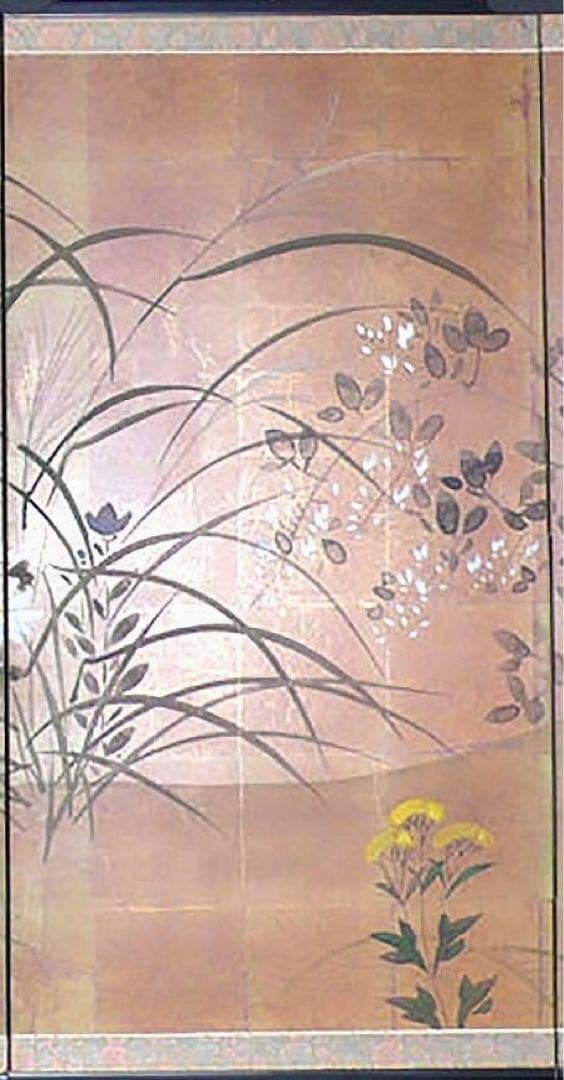 四つ折り屏風　日本画　金箔彩色　秋草