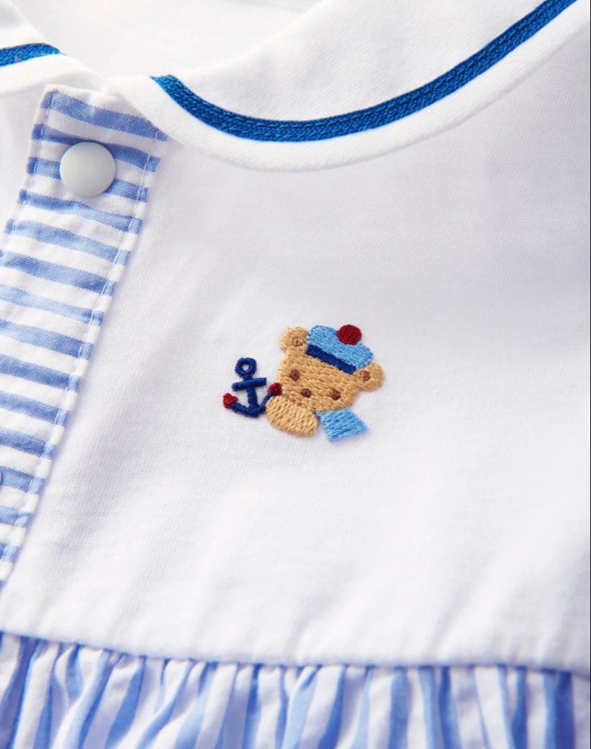 【最終価格】ファミリア　セーラー衿現行品ロンパースカバーオール　ストライプブルー