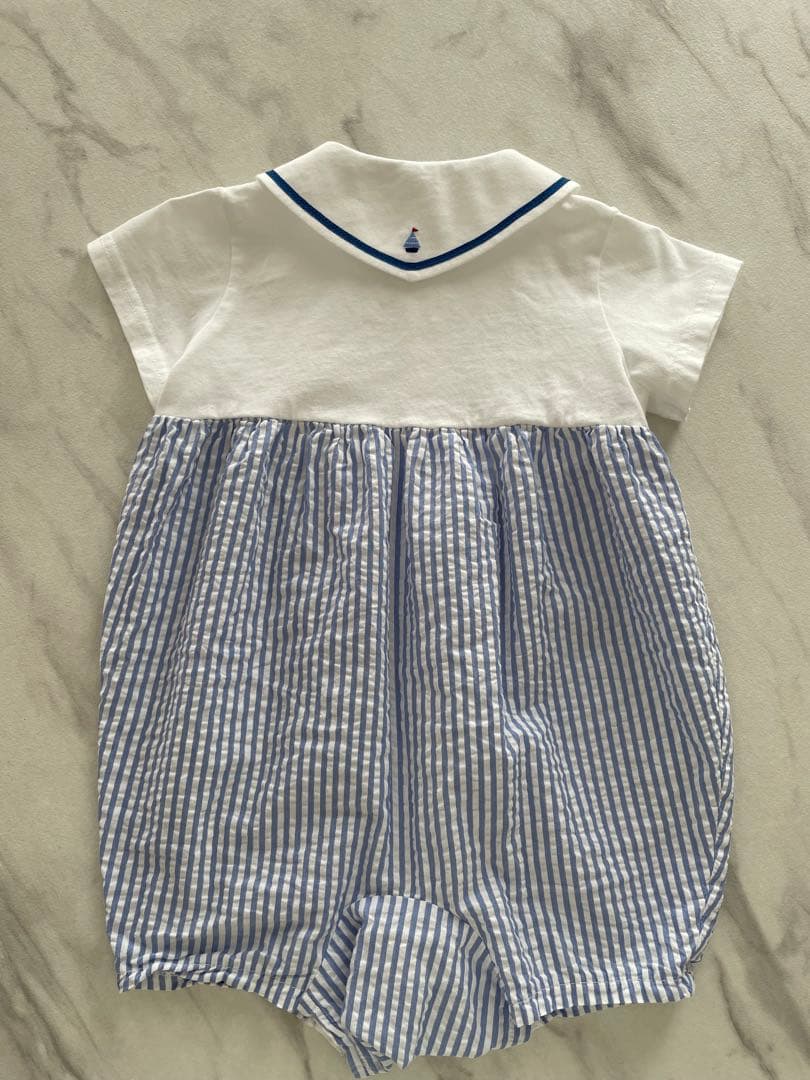 【最終価格】ファミリア　セーラー衿現行品ロンパースカバーオール　ストライプブルー