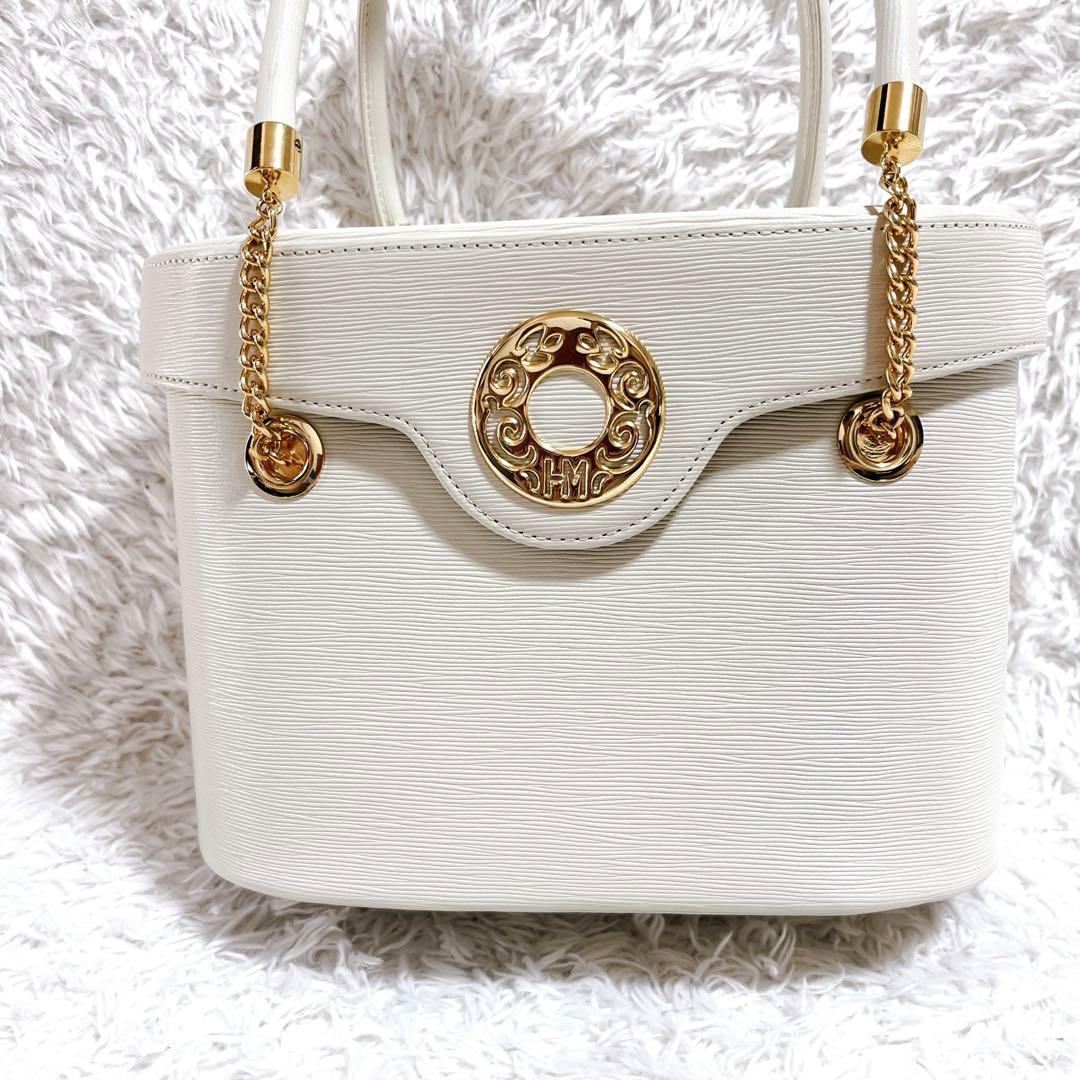 極美品✨ハナエモリ バニティバッグ ハンドバッグ レザー サークルロゴ　白