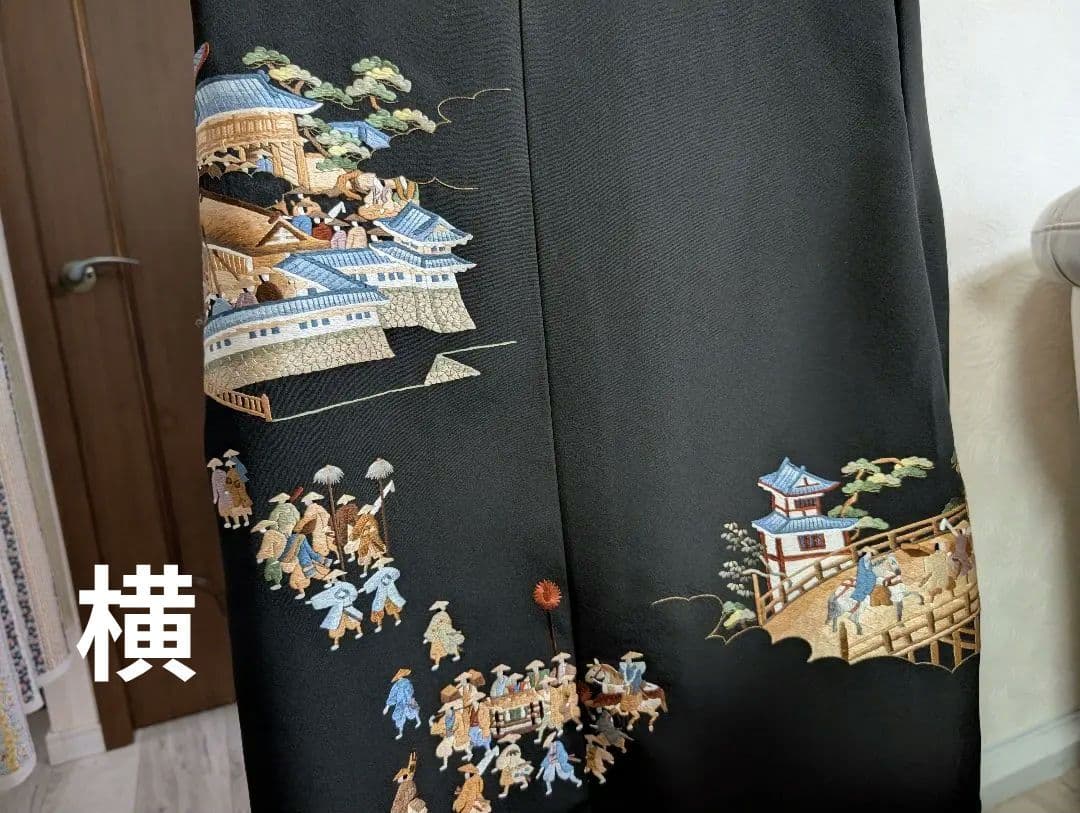 新品留袖ドレス着物リメイクワンピース正絹大名行列刺繍М〜LL結婚式日焼けあり値下