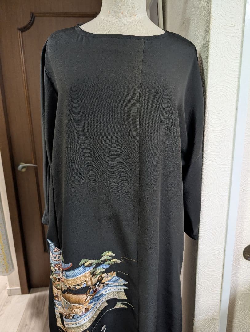 新品留袖ドレス着物リメイクワンピース正絹大名行列刺繍М〜LL結婚式日焼けあり値下