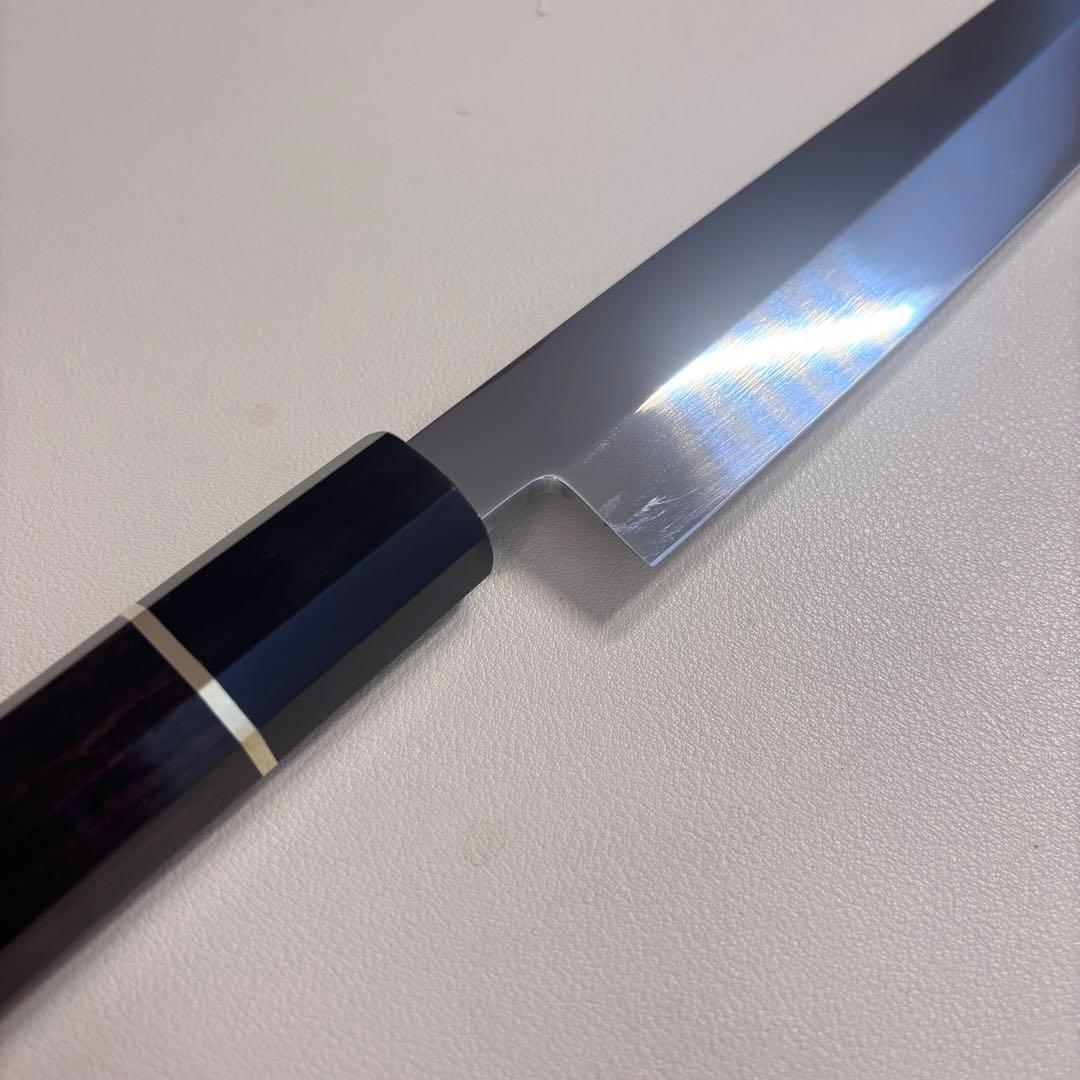 270mm 切付柳刃包丁 鏡面　黒檀黒水牛八角柄 刺身包丁 【全鋼】'鞘付き