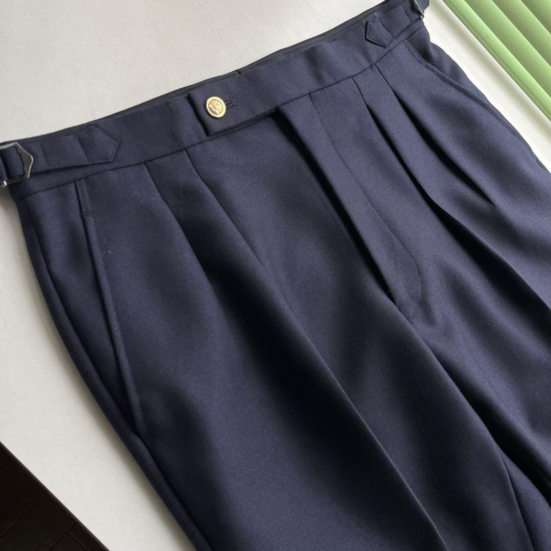 ネイビー 2タックインプリーツスラックス ダブル裾