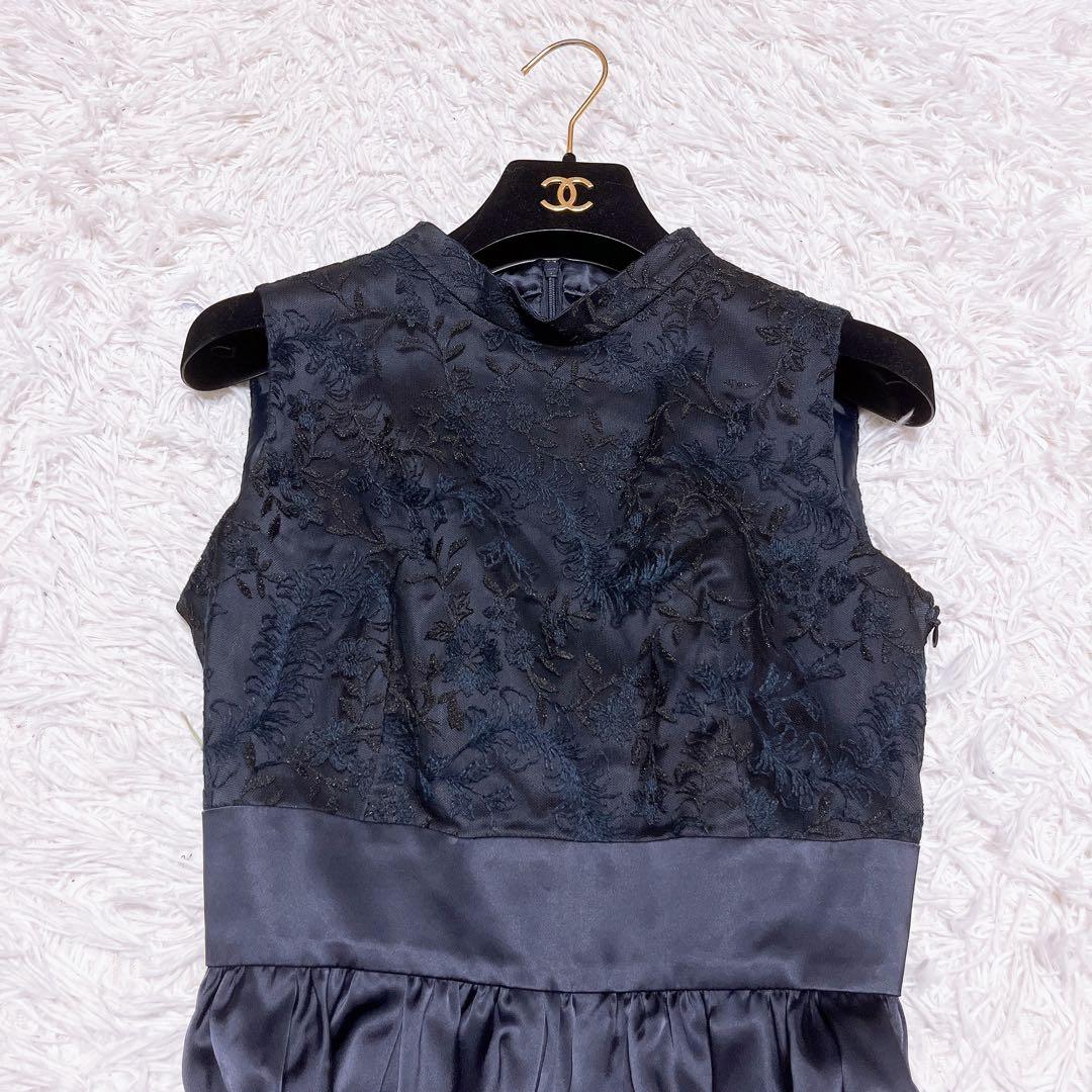 美品 Aimer ラメ 刺繍 レース サテン ロング ドレス レースアップ 紺色