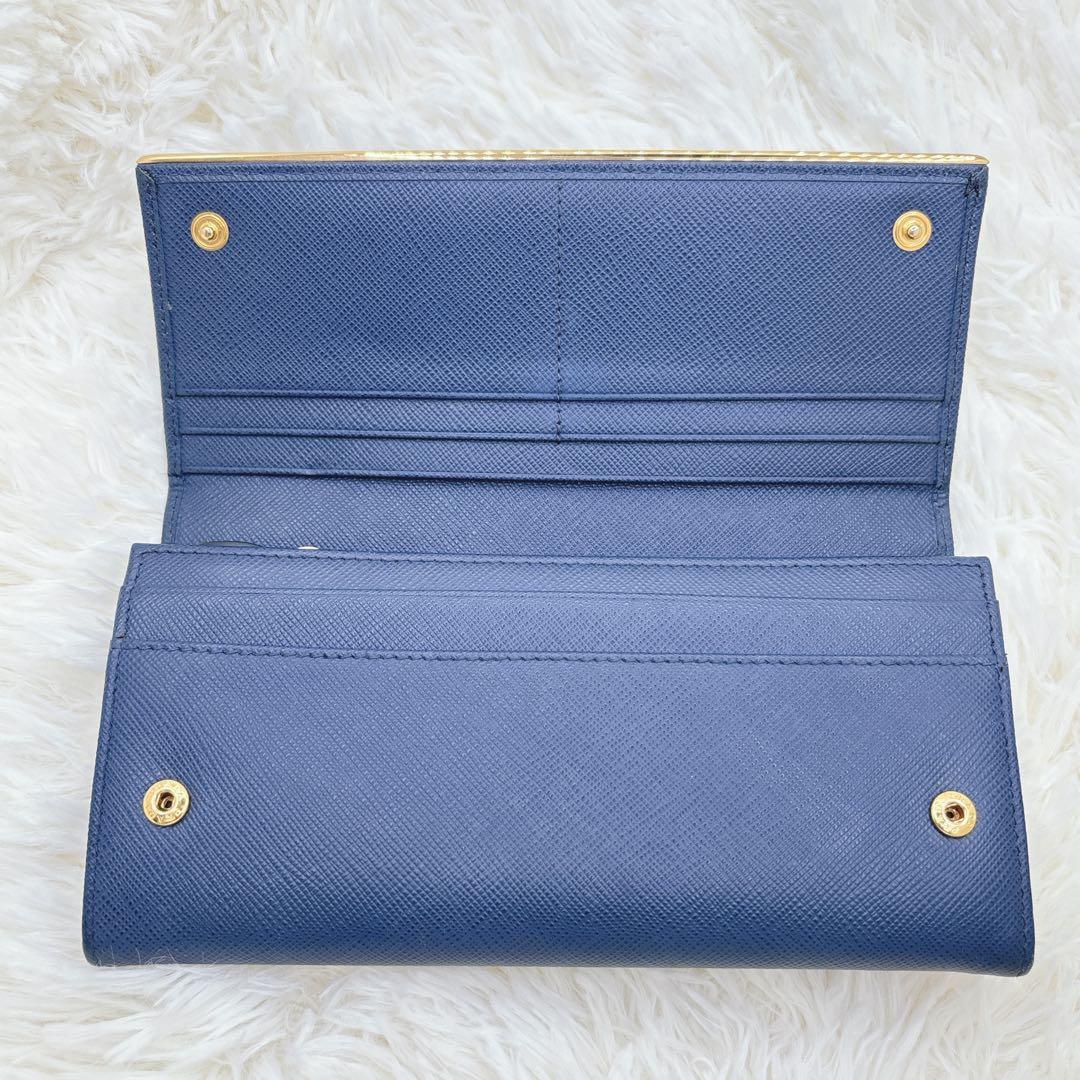 極美品✨PRADA サフィアーノレザー フラップ 長財布 メタルロゴ ネイビー