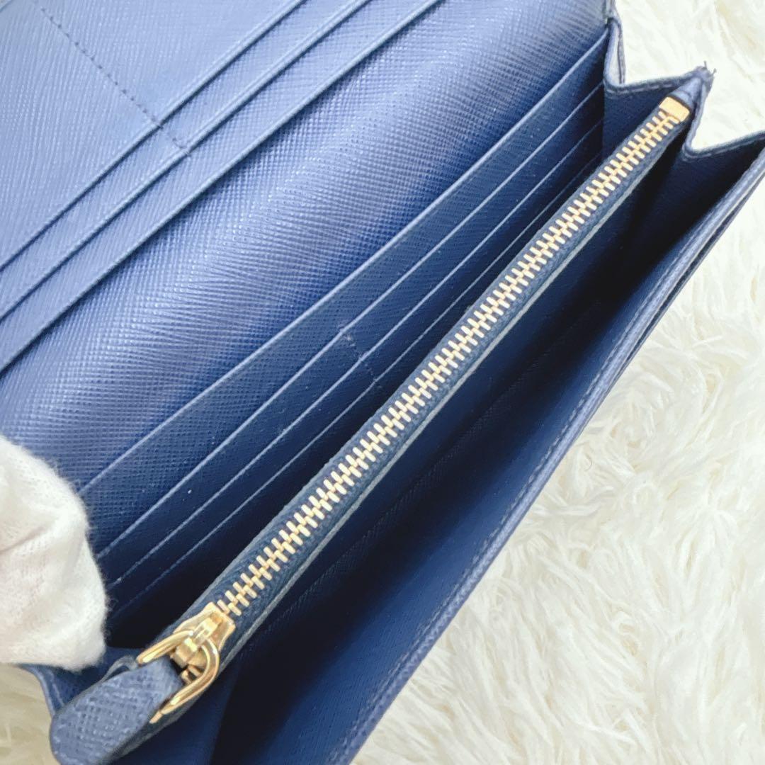 極美品✨PRADA サフィアーノレザー フラップ 長財布 メタルロゴ ネイビー