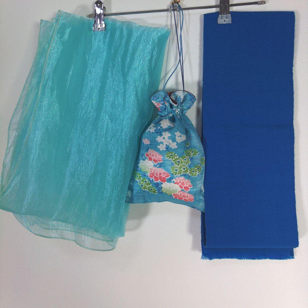 レディース　浴衣　セット　身丈162cm　金魚　水色　ラメ　兵児帯　半幅帯　青