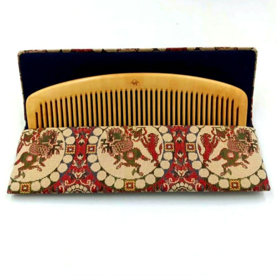 十三や工房 薩摩つげ とき櫛 つげ櫛 四寸 龍村美術織物 獅子狩文錦 ケース