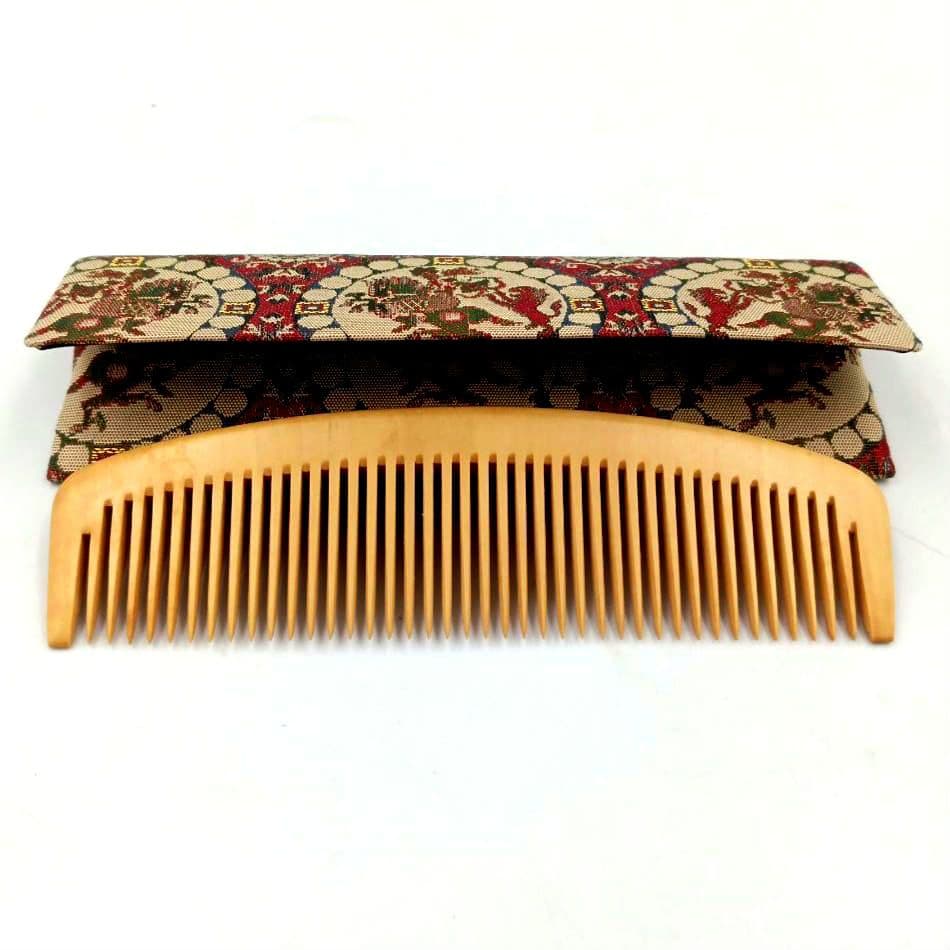 十三や工房 薩摩つげ とき櫛 つげ櫛 四寸 龍村美術織物 獅子狩文錦 ケース