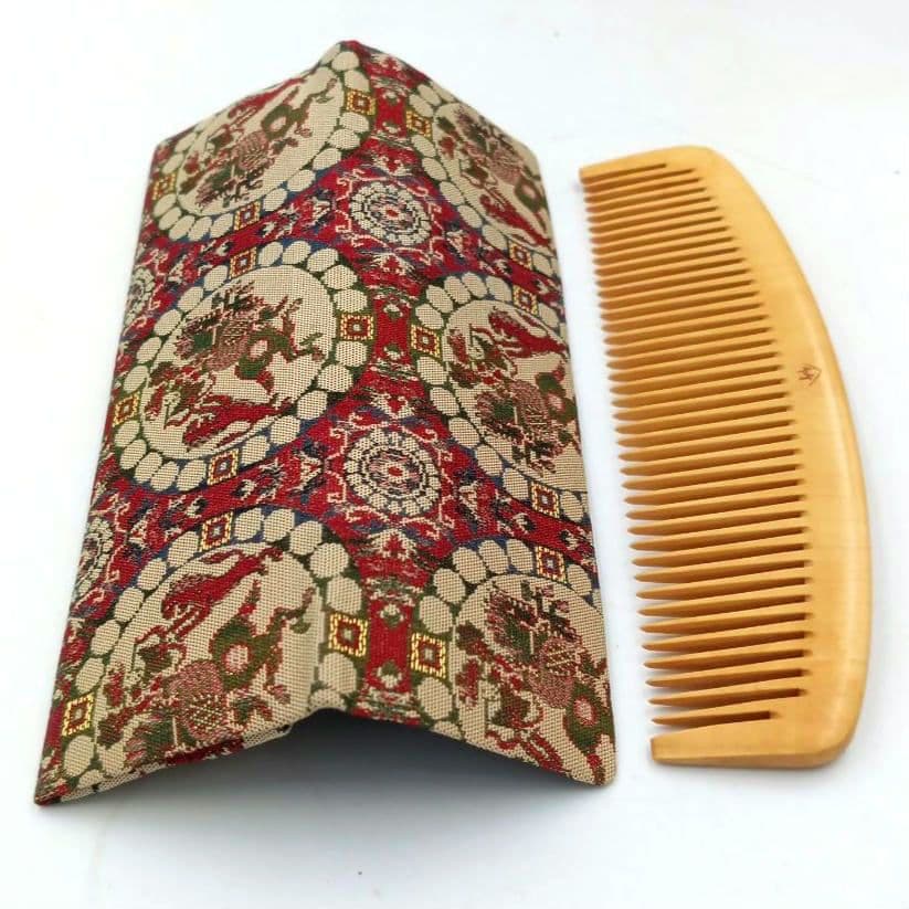 十三や工房 薩摩つげ とき櫛 つげ櫛 四寸 龍村美術織物 獅子狩文錦 ケース