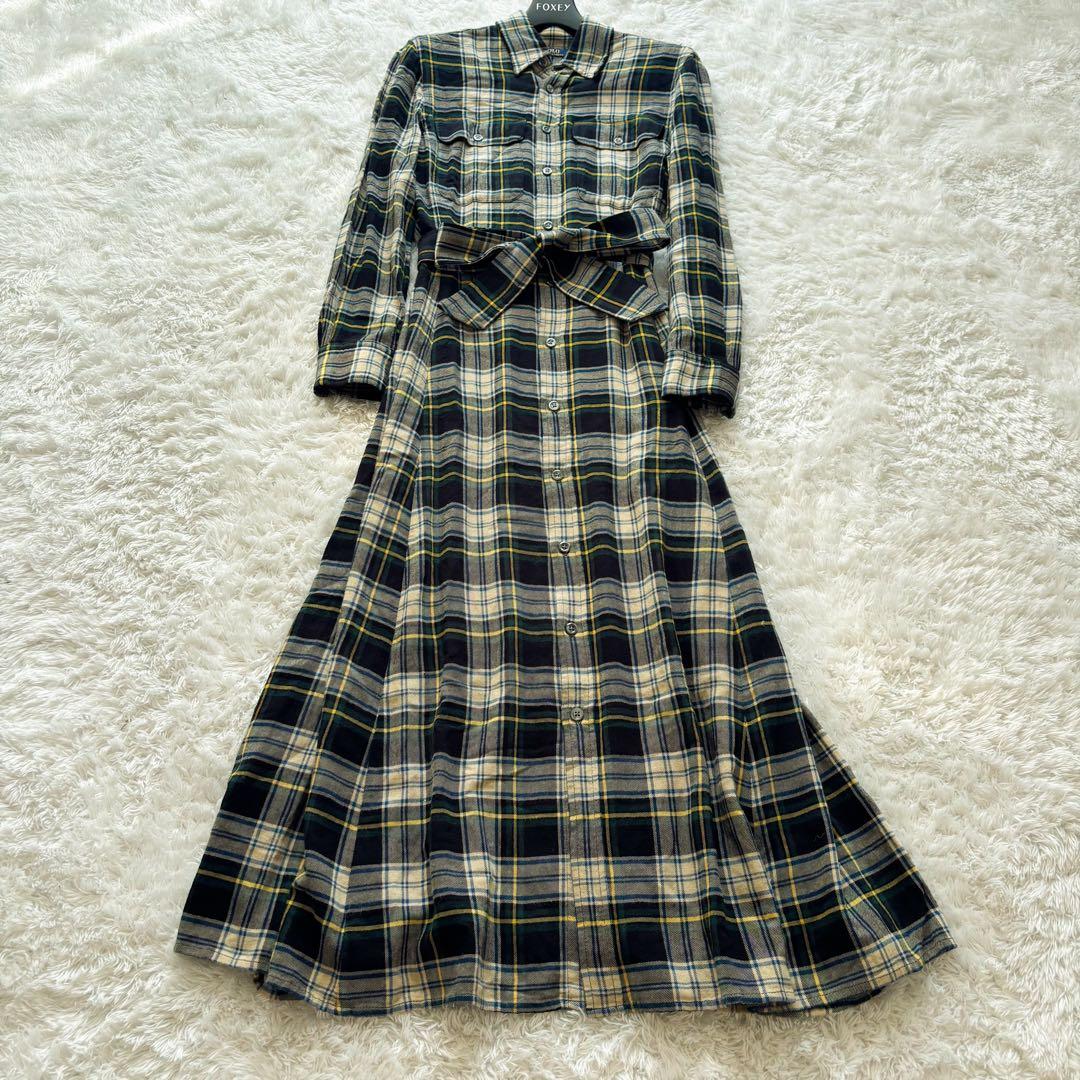 ポロラルフローレン　シャツワンピース　ウール　チェック　ロング　リボン　長袖