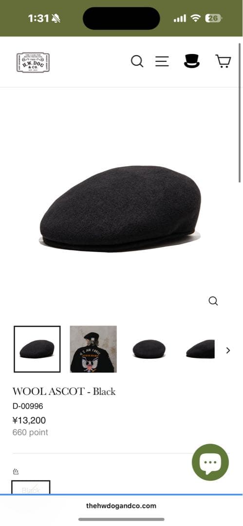 thehwdogandco WOOL ASCOT ブラックベレー帽