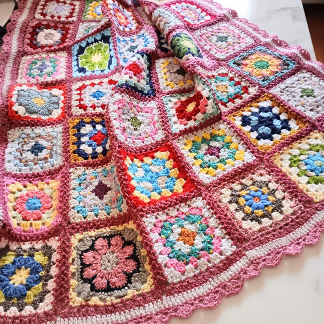 手編みブランケット★かぎ針編み★アフリカンフラワー★グラニースクエア★カラフル