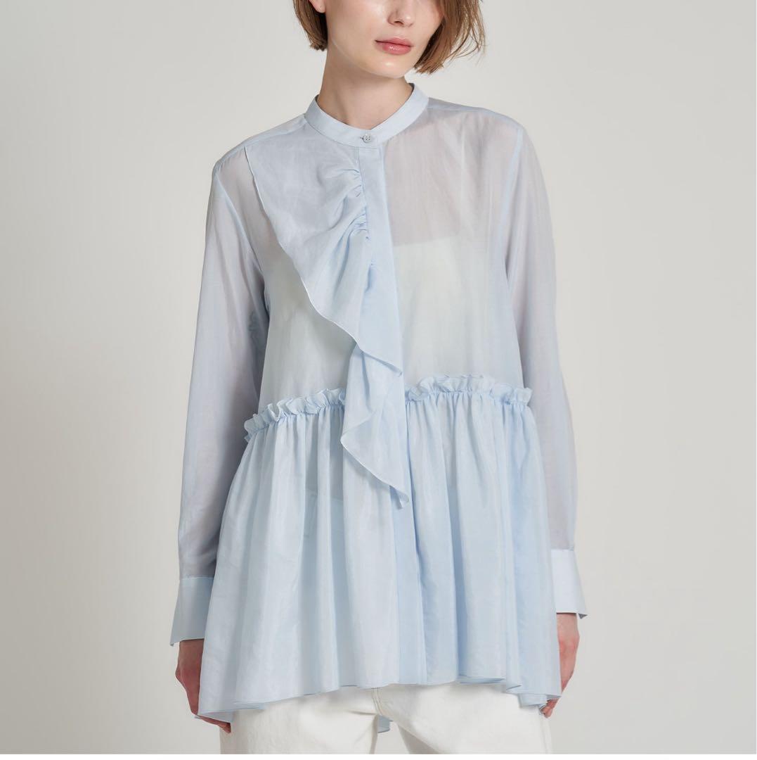 ESTNATION コットンシルク フリルチュニックブラウス ライトブルー