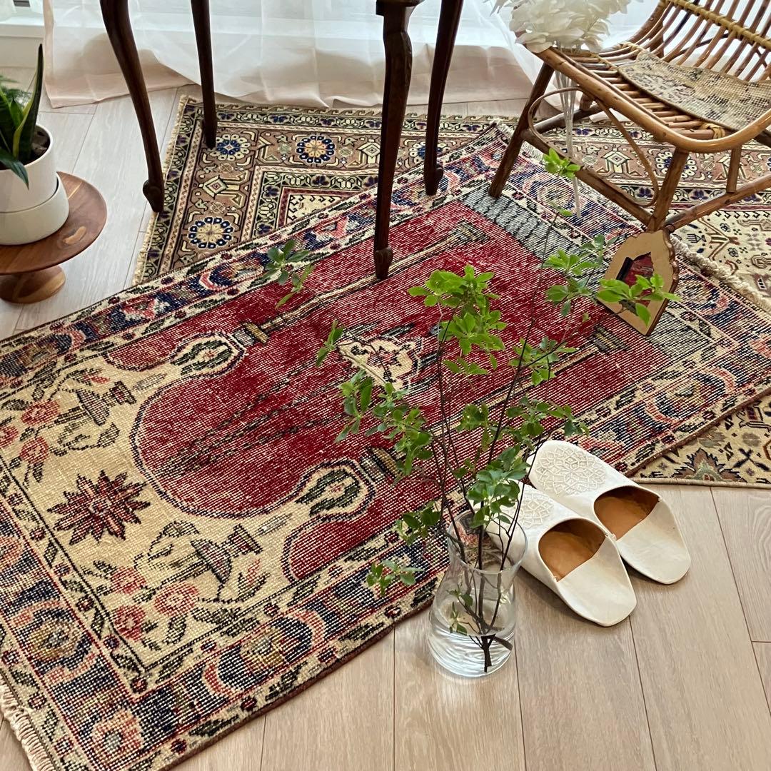 アート✳︎塔✳︎74×130 シャンデリア　レッド　ブルー　トルコヴィンテージラグ