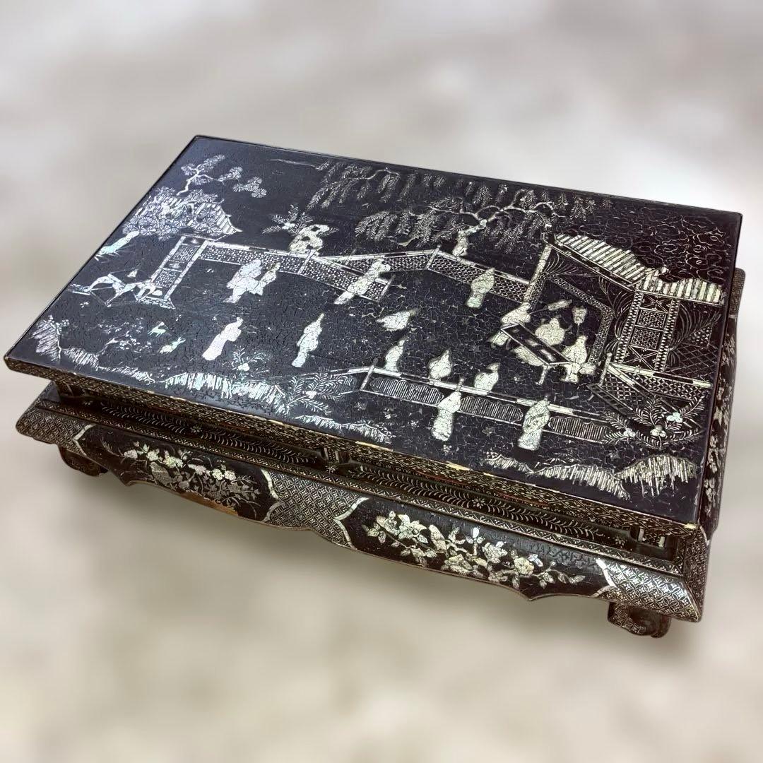 螺鈿細工　平卓　香炉台　花台　飾り台　木製　中国古玩　唐物　人物　骨董品