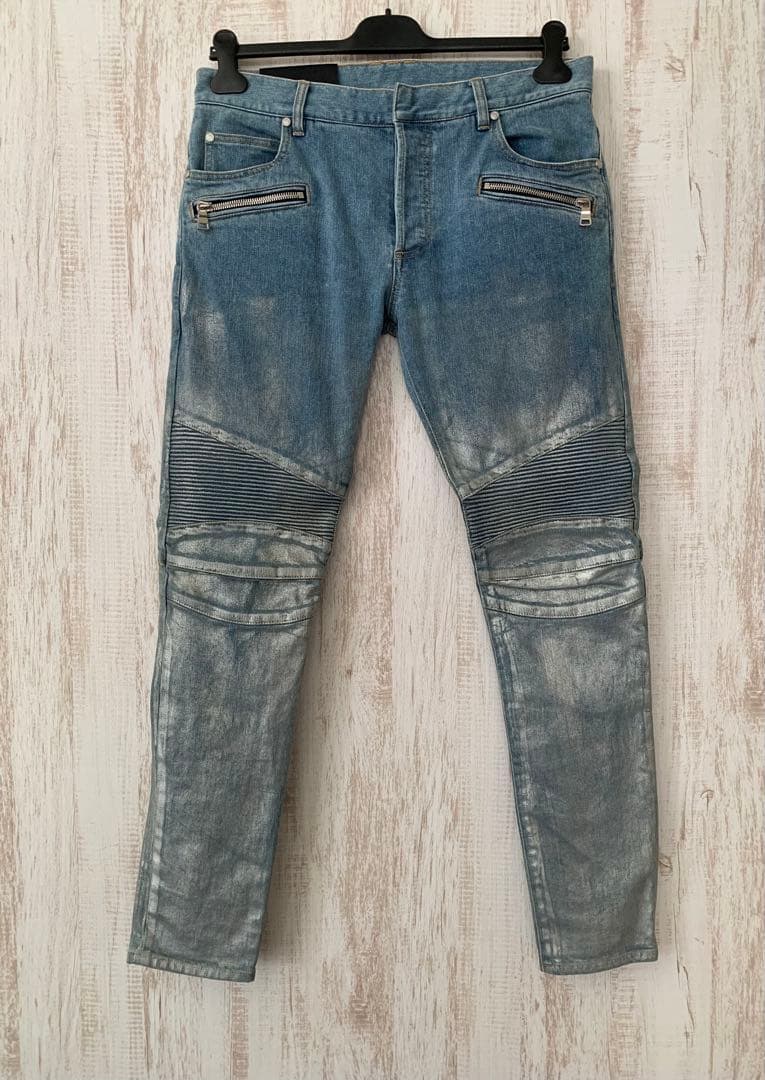 BALMAIN バルマン Biker ZIP シルバー ペイントデニムジーンズ