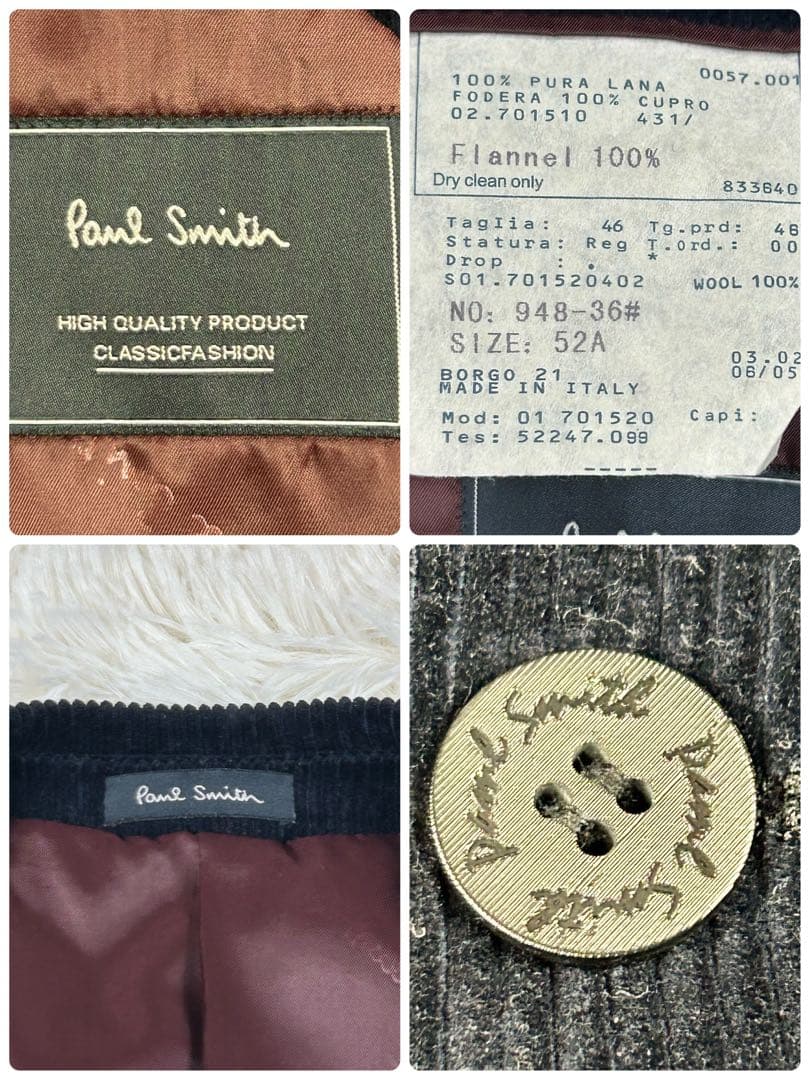 ポールスミス エルボーパッチ コーデュロイ テーラードジャケット 羊毛 ネイビー