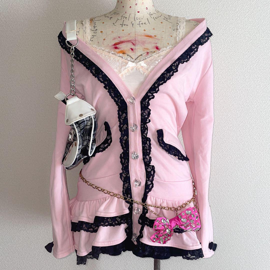 00s 希少 ビッグリボン ピンク×黒レースフリルミニワンピ La Pafait