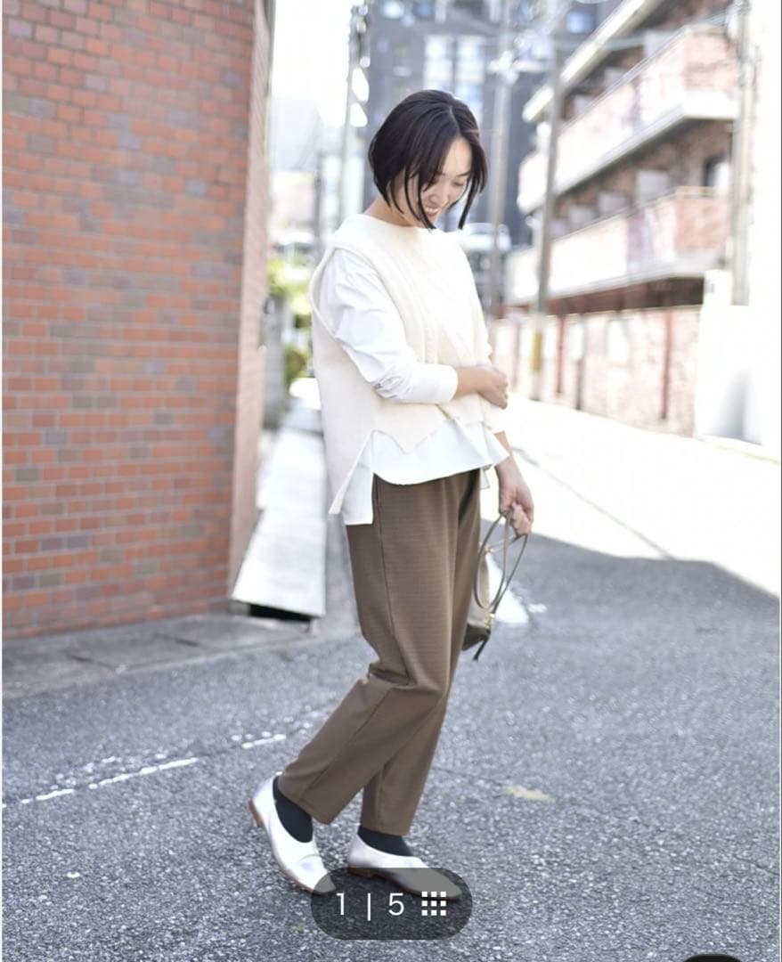 OUR 裏起毛チェック柄テーパードパンツ　ブラウン