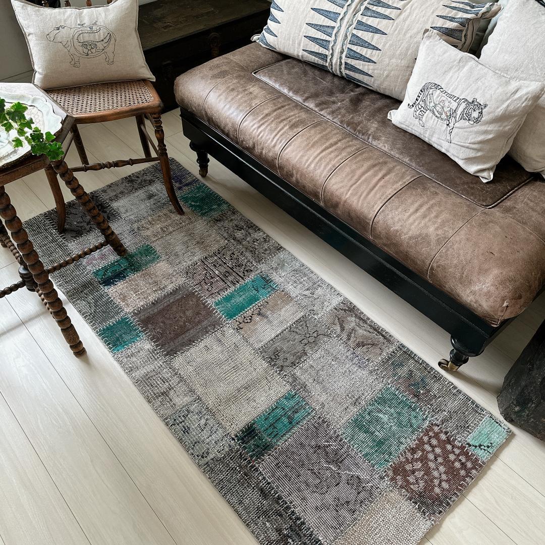 トルコ ヴィンテージラグ A29 高級 レア ターコイズ グレー パッチワーク