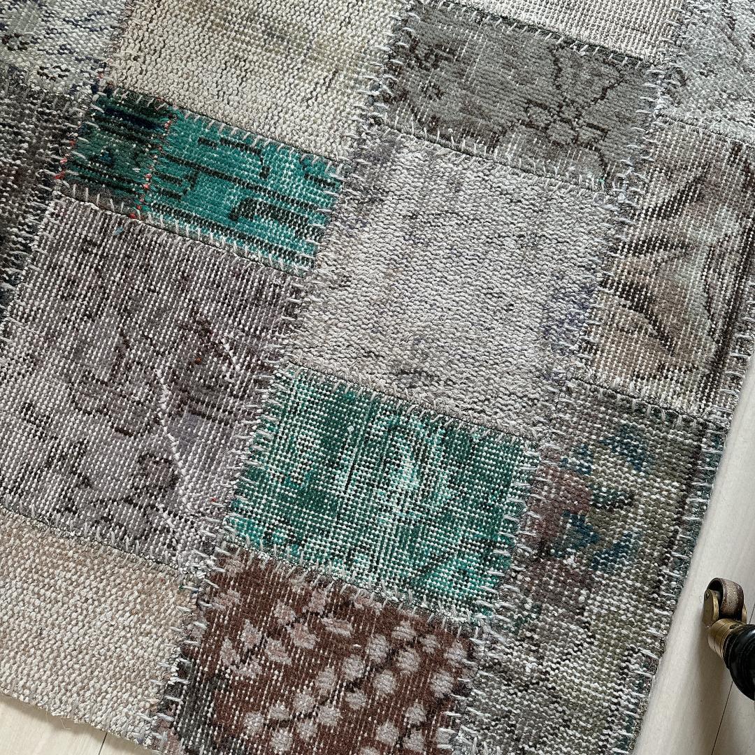 トルコ ヴィンテージラグ A29 高級 レア ターコイズ グレー パッチワーク