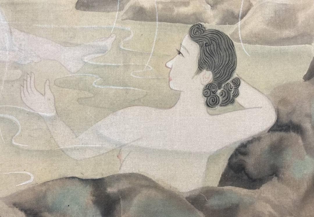 伊東深水／鏑木清方門 歌川派浮世絵「女湯」美人画 絹本 絵画 扁額