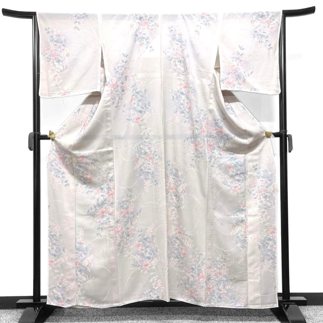 夏用　小紋　絽　花模様　パープル系　着物　042w d