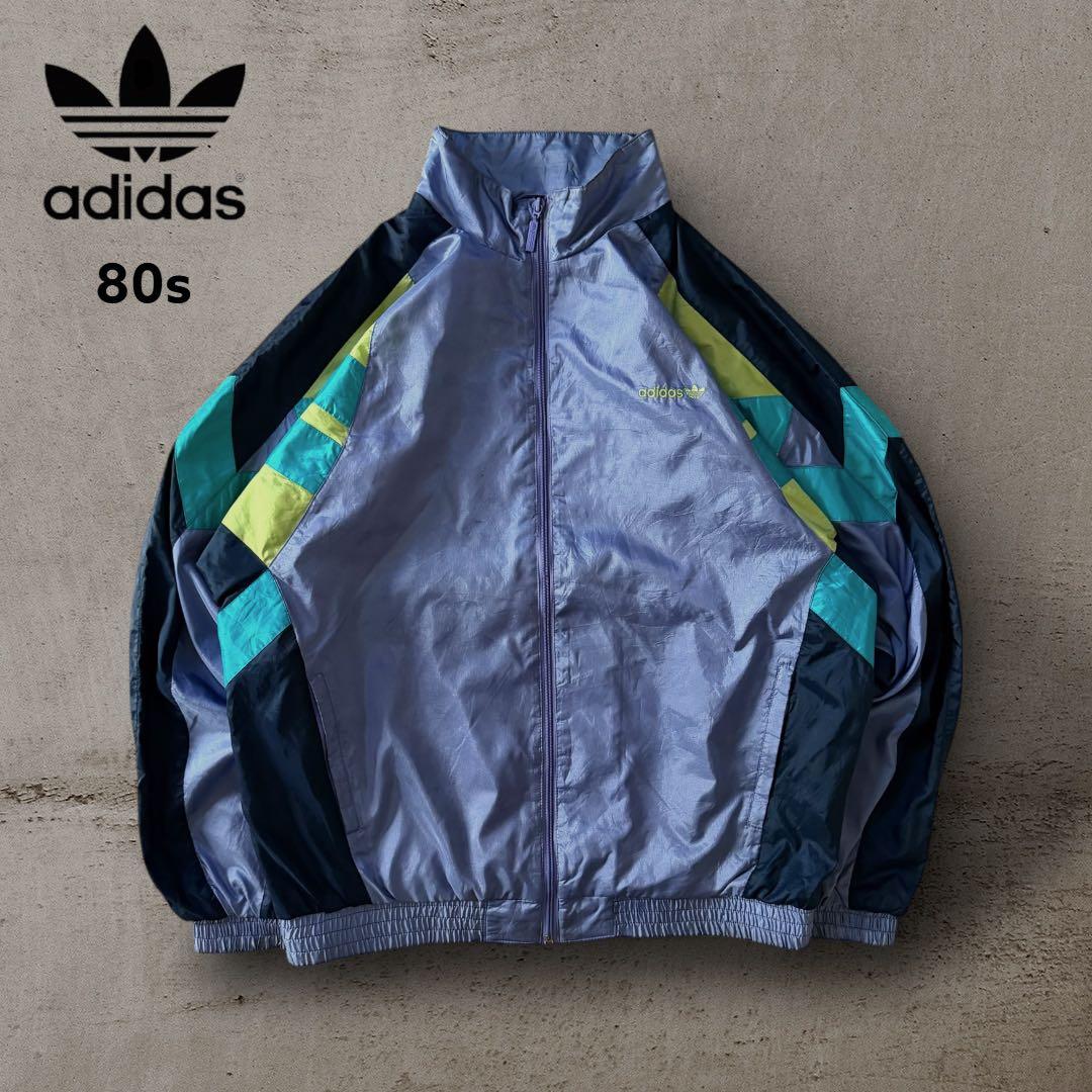 希少80sアディダスナイロンジャケットトレフォイル刺繍ロゴ好配色Y2Kレトロ古着