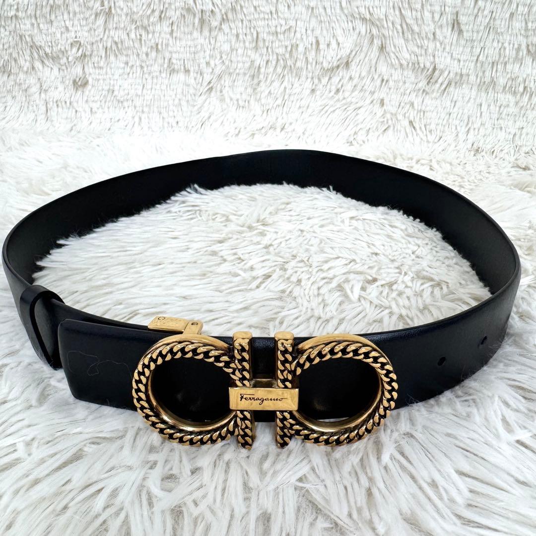 希少 フェラガモ ダブルガンチーニ ベルト ロープ ゴールド ブラック