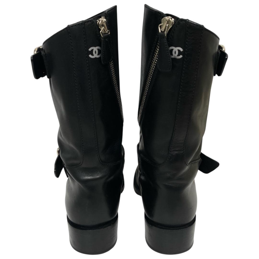 シャネル ココマーク エンジニアブーツ 35C レザー ブラック サイドジップ