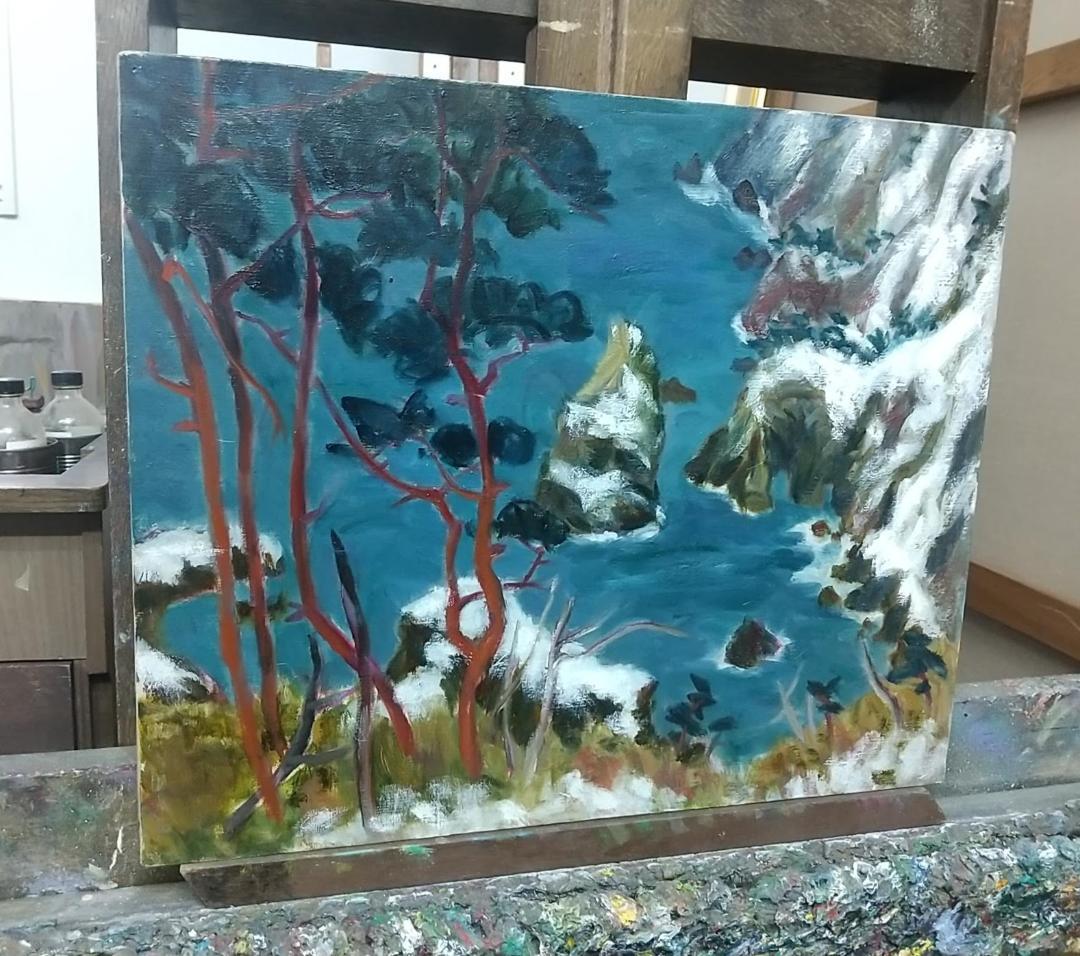 F8 「春雪北山崎」絵画 油絵 油彩画 風景画 アート