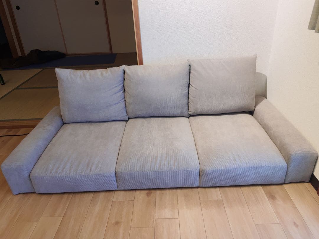 【ほぼ新品】ローソファ コーデュロイ「Lenne レンネ」3人掛け グレージュ