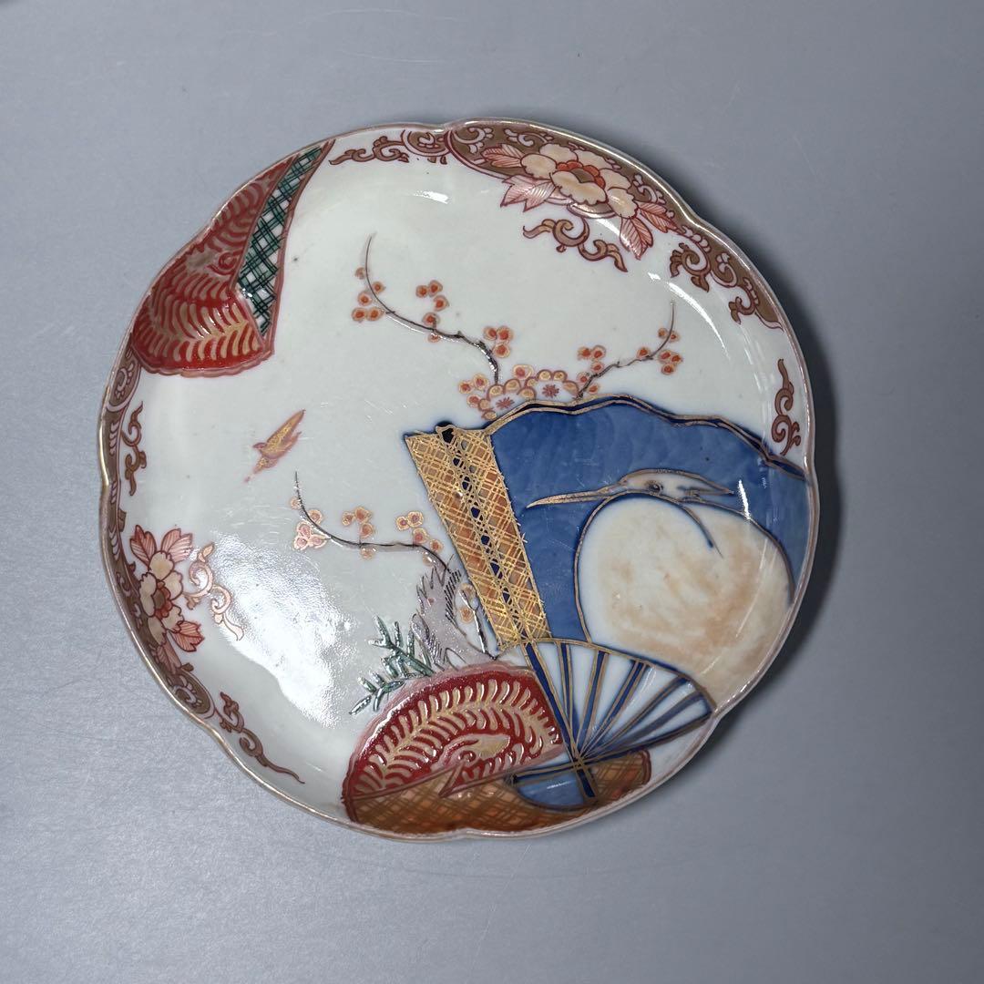 古伊万里　錦手　色絵鷺扇子文様輪花形皿　8枚　1700年代後期　15.5cm