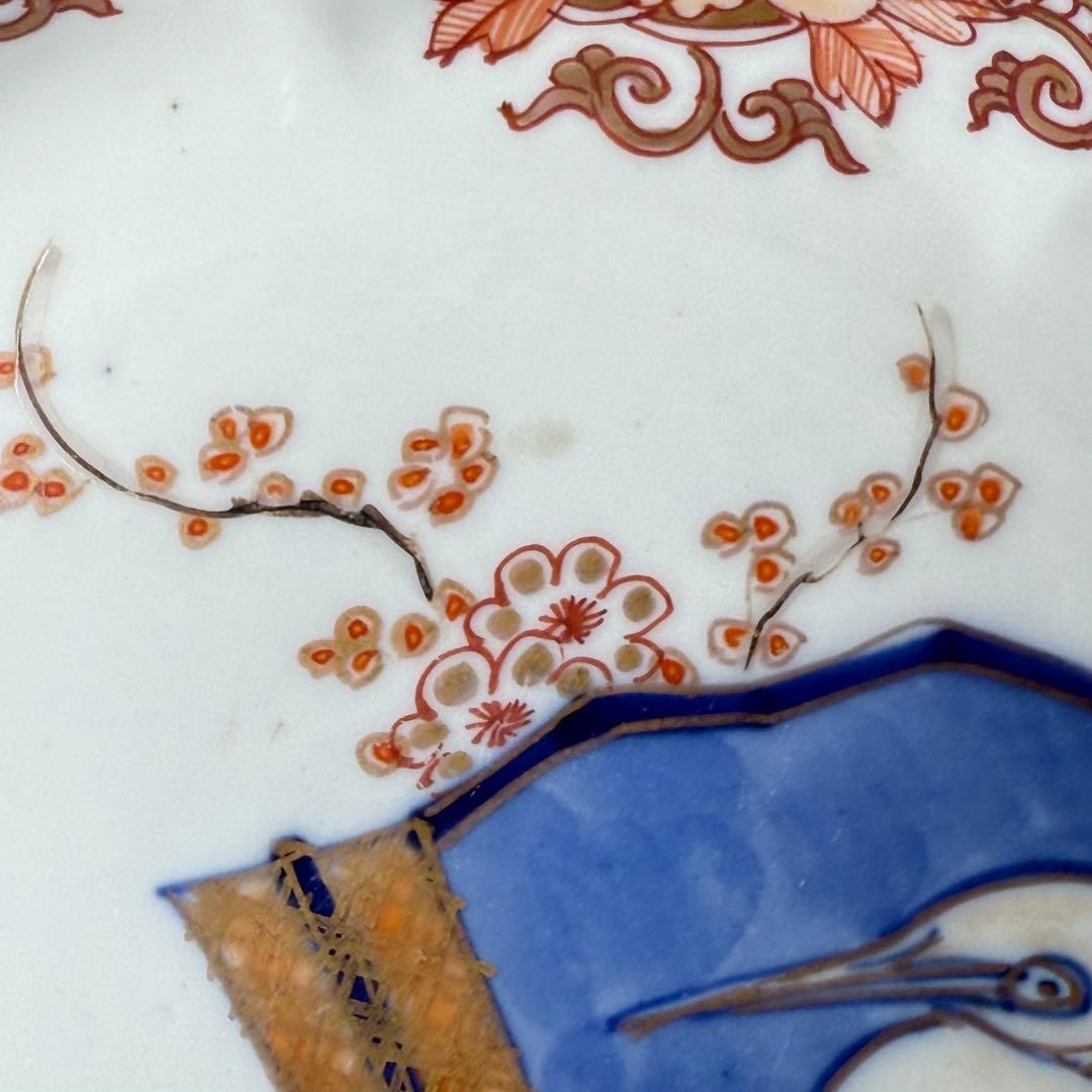 古伊万里　錦手　色絵鷺扇子文様輪花形皿　8枚　1700年代後期　15.5cm