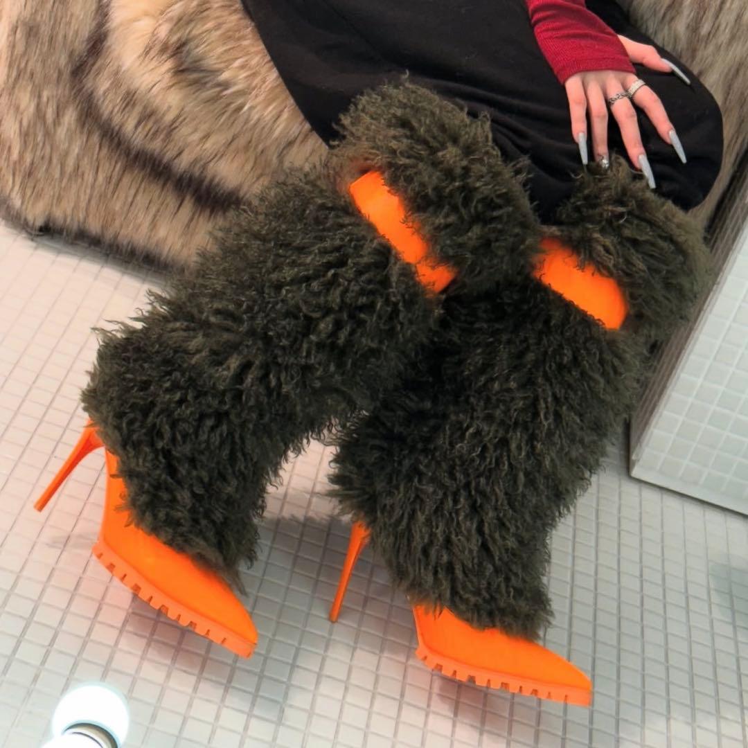 YELLOW イエロー ファー付きハイヒールブーツ