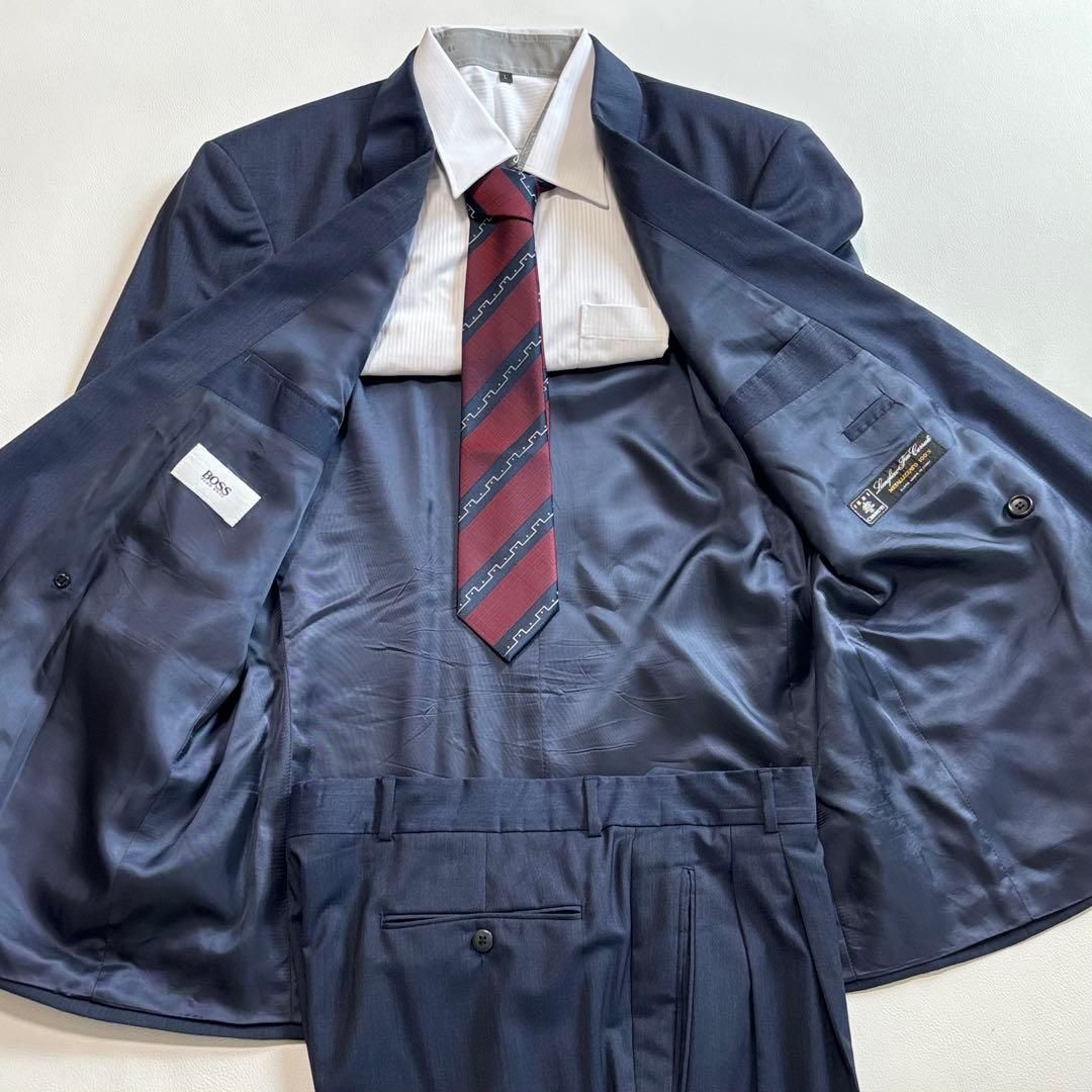 ヒューゴボス イタリア製生地 XLサイズ スーツ セットアップ ダブル ネイビー