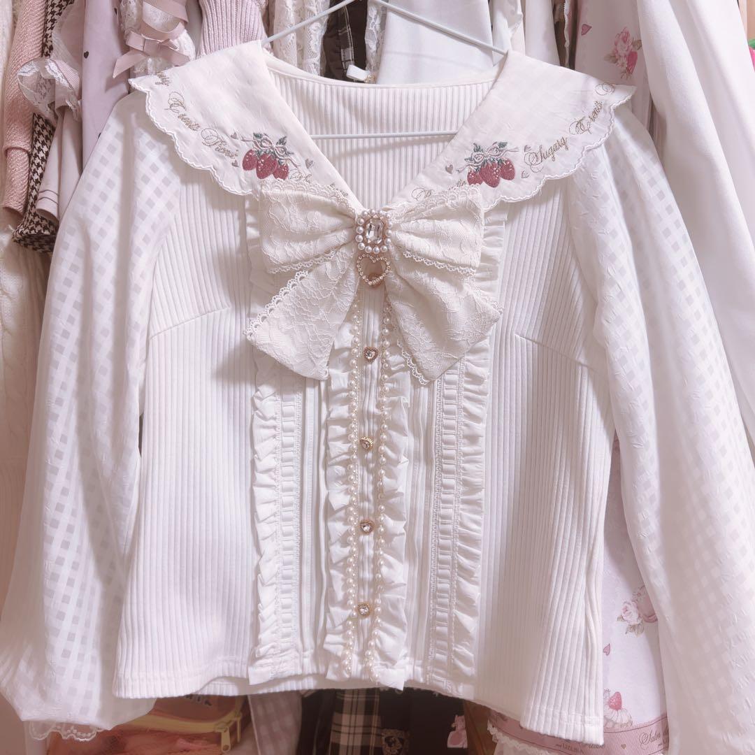 LIZLISA リズリサ ストロベリー刺繍セーラーリブブラウス 白 ホワイト