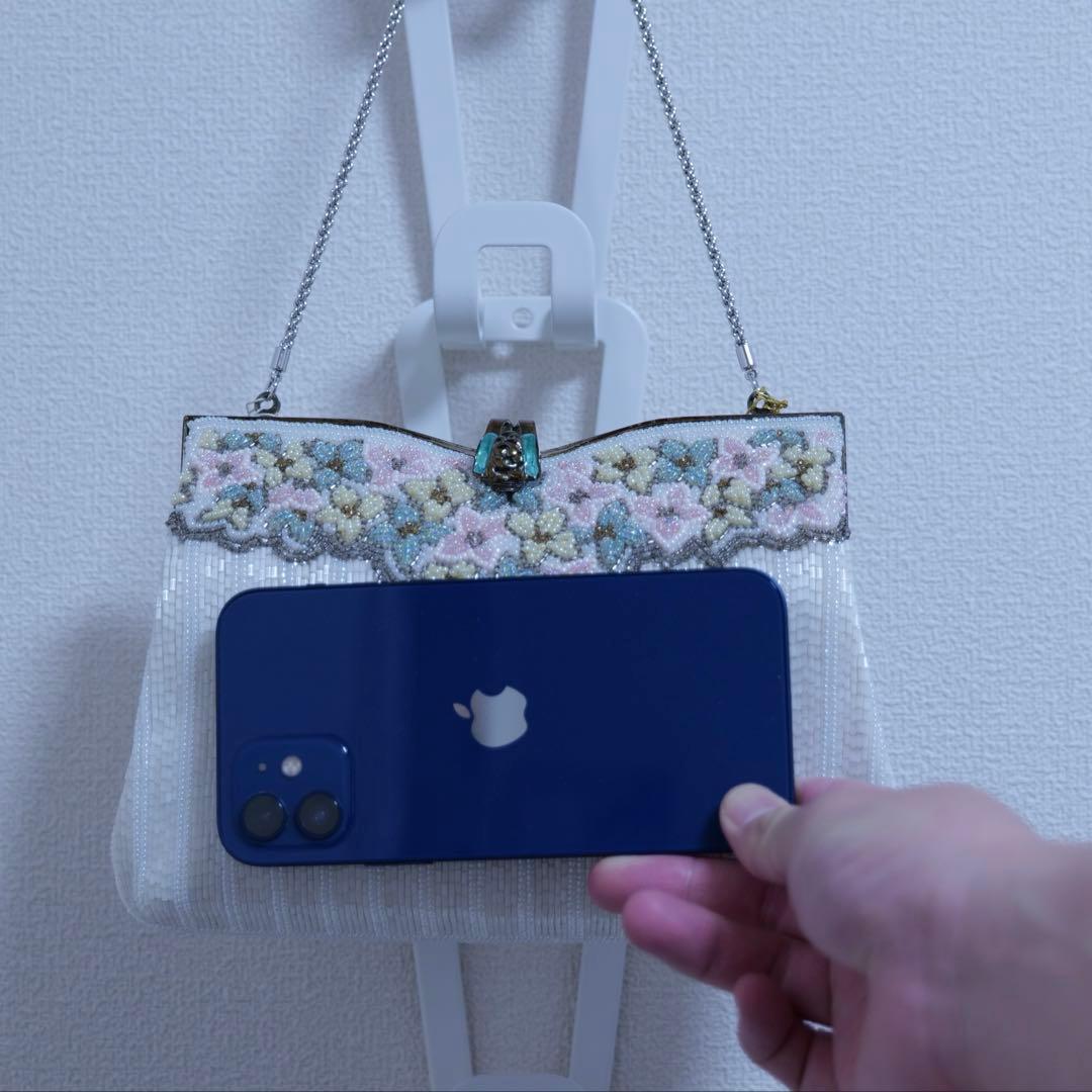【未使用】ホワイト/パーティーバッグ/ビーズ装飾/フラワーモチーフ/結婚式