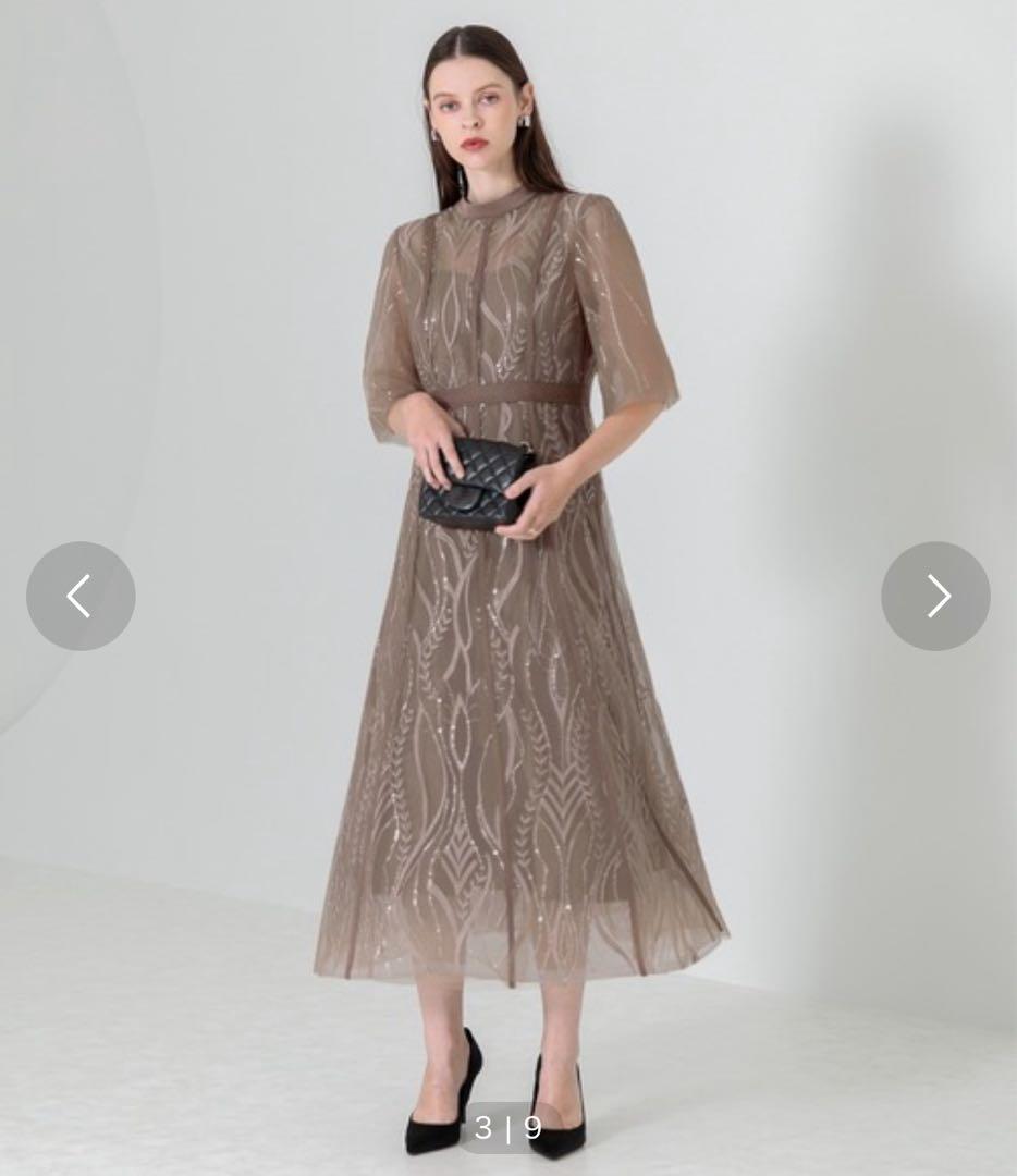 最安値新品_スパンコール刺繍レースプチハイネックフリルロングドレスワンピース