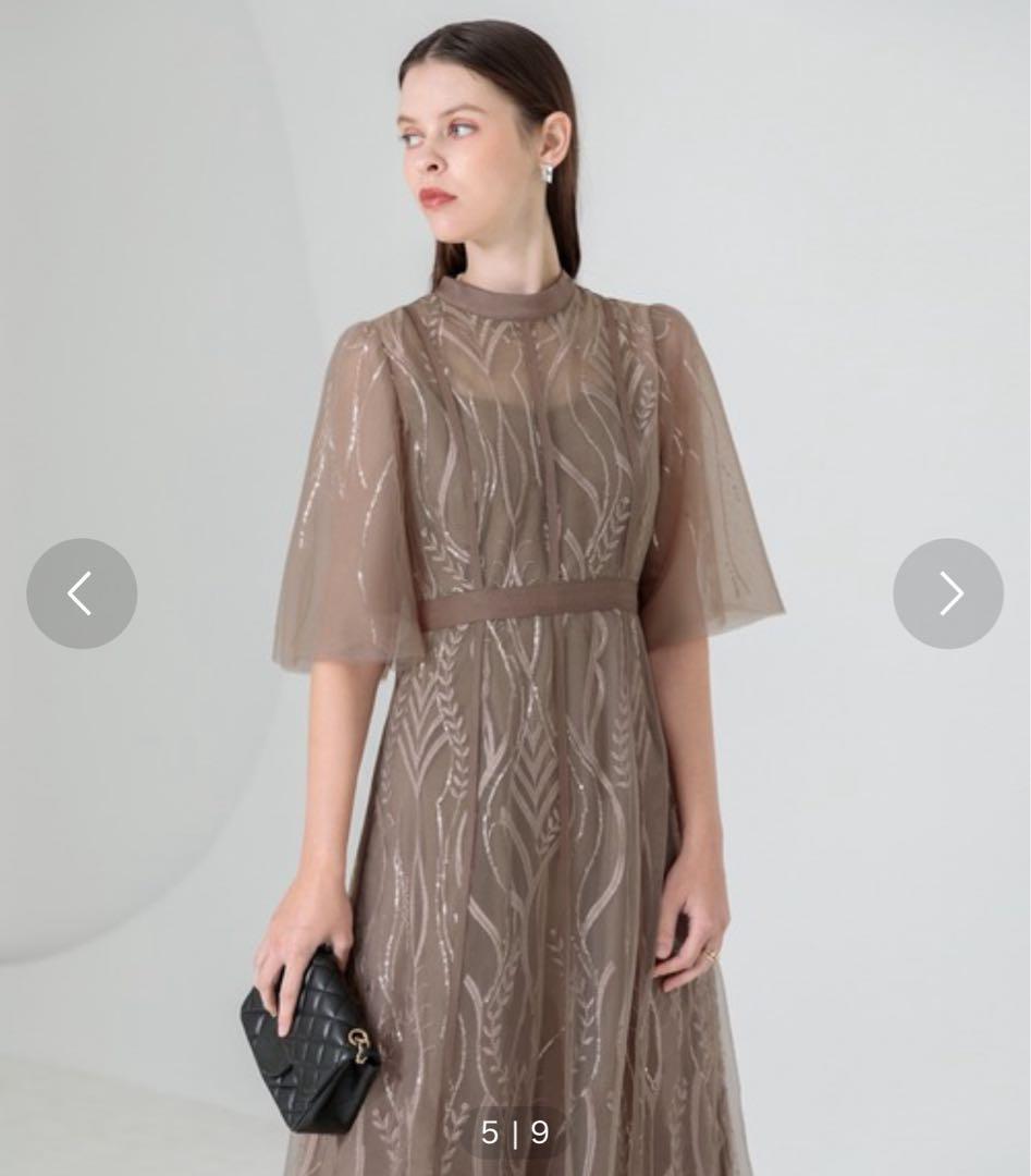 最安値新品_スパンコール刺繍レースプチハイネックフリルロングドレスワンピース