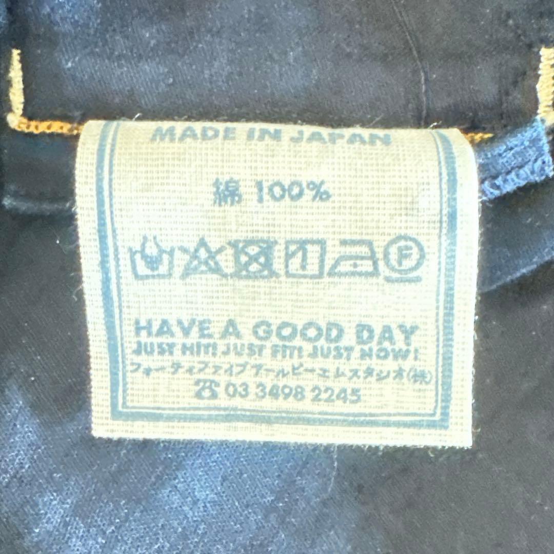 美品 45R インディゴ抜染ドット ボタンダウンシャツ 粟サテン 水玉 バスク