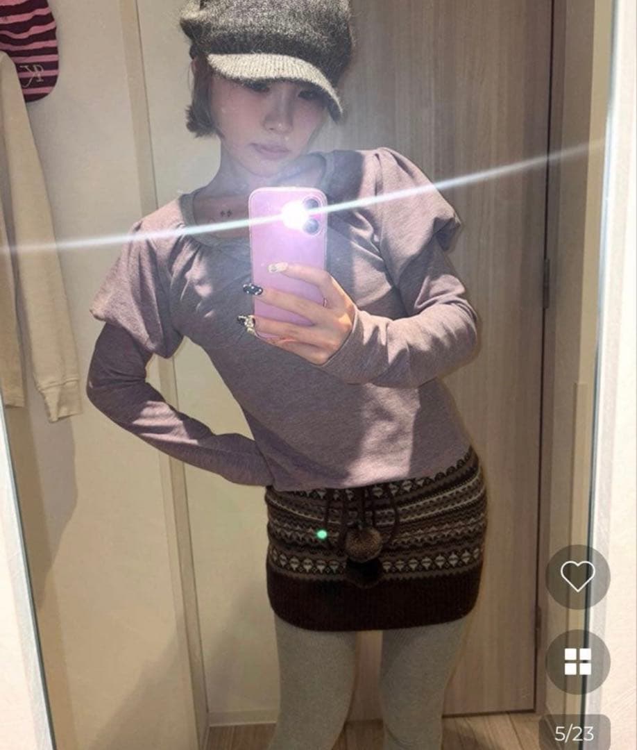 haku リブニットキャスケット＆ボタンリボンデザインレイヤードパフスリープ