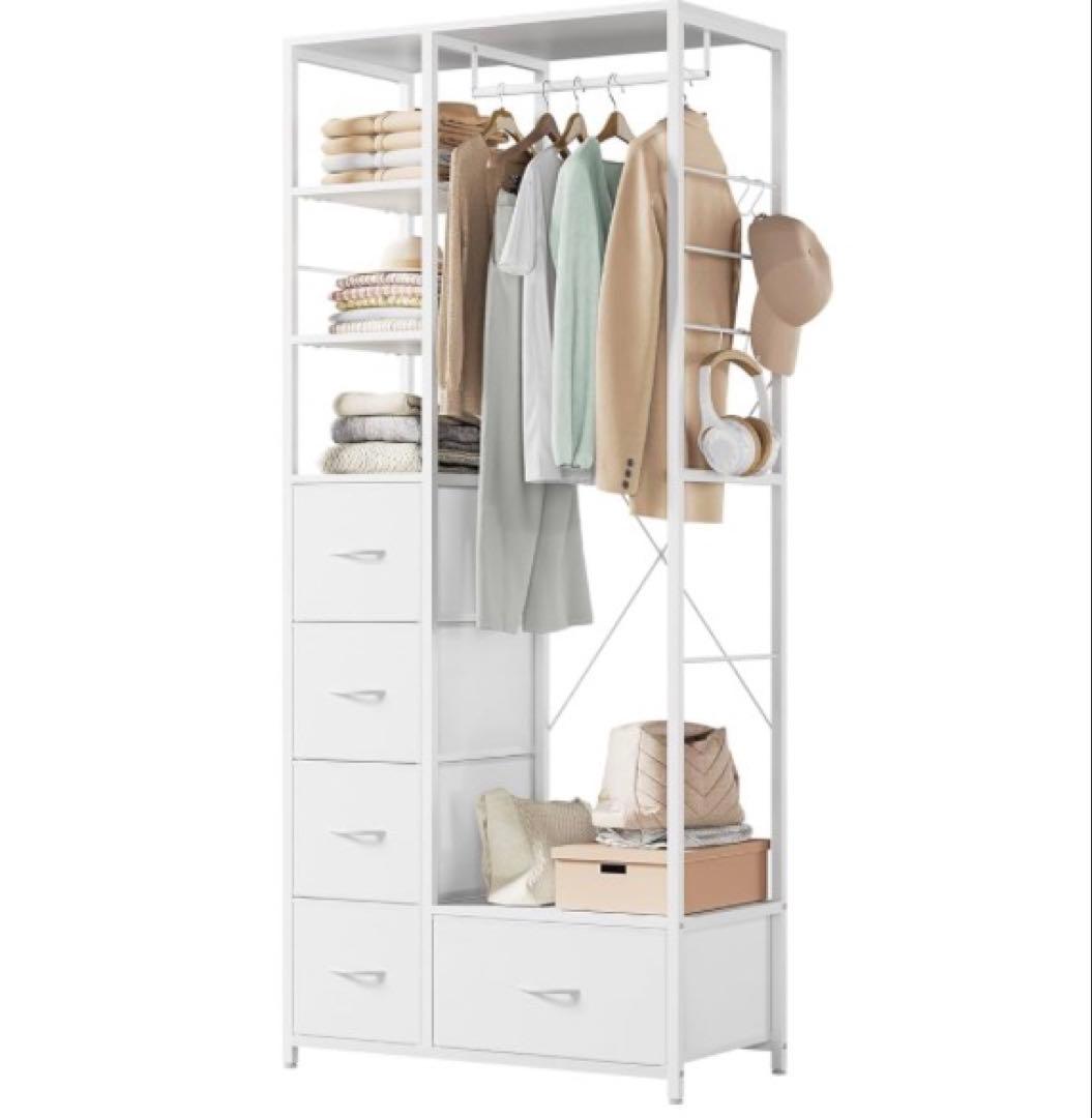 大容量ハンガーラック 引き出し5段 棚付き 省スペース 白