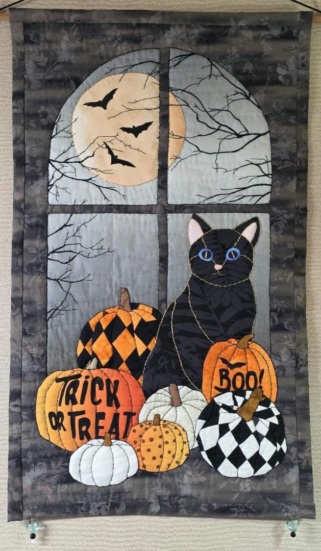 ハンドメイド ステンドグラスキルト タペストリー　ハロウィン ナイト