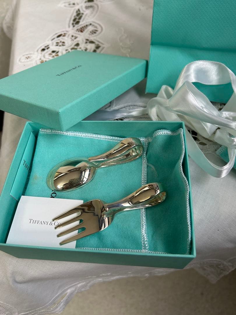 ティファニー　お食い初め　銀のスプーン、フォークセット　極美品